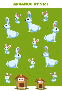 Education game for children arrange by size big or small put it in the hutch of cute cartoon rabbit printable farm worksheet vector