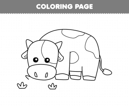 Education game for children coloring page of cute cartoon cow eat grass line art printable farm worksheet vector