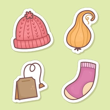 Set of autumn stickers clipart  hat, socks, tea bag, pumpkin vector