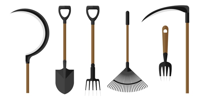 Collection set of garden tool shovel sickle reaping hook rake vector