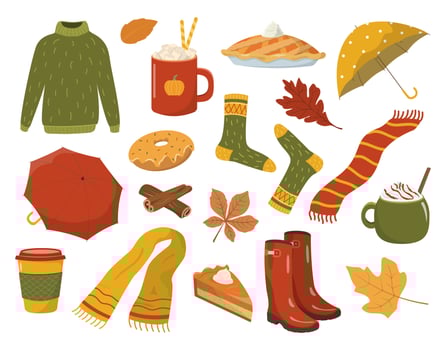Autumn illustrations collection. Set of cute fall mood cartoon element. Collection for party decoration, fall festival or Thanksgiving day. vector