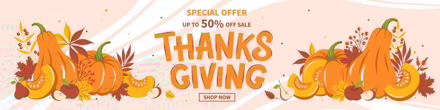 Thanksgiving sale banner, seasonal promo offer discount poster for autumnal shopping. Pumpkin harvest, fruits, leaves, berries. Vector illustration
