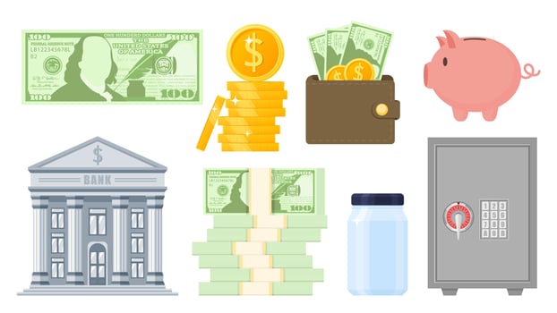 Collection set of money financial obejct bank note golden coin security box piggy bank purse vector