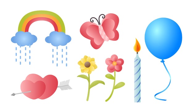 Collection set of cute cartoon object ballon rainbow butterfly candle flower love heart vector