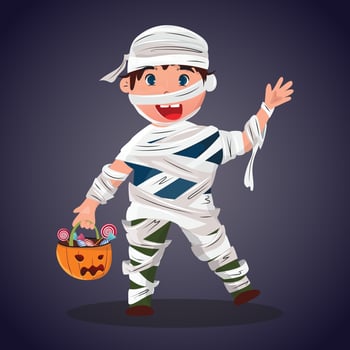 Halloween illustration with a boy dressed as a mummy and holding pumpkin with sweets. Happy Halloween illustration. Funny cartoon character. vector