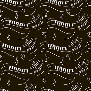 Seamless pattern of piano melody, hand-drawn doodle. Flying notes. Heart. Music. Inspiration. Isolated vector illustration on white background