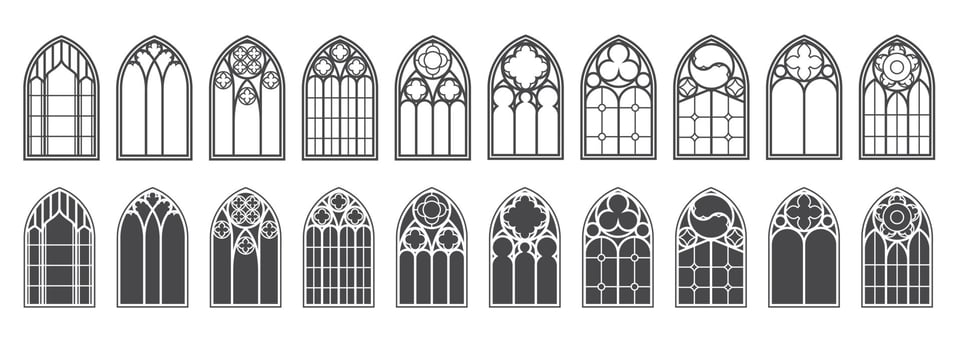 Church windows set. Silhouettes of gothic arches in line and glyph classic style. Old cathedral glass frames. Medieval interior elements. Vector