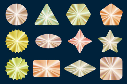 Holographic stickers set. Golden label gradient stamps. Metal texture badges. Iridescent rainbow foil in different geometric shapes. Vector neon emblems.