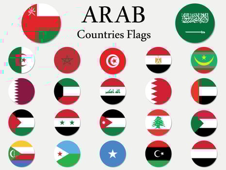 Set of Arab League countries Icon Flags, all 22 Arab Round Icons Flag collection. vector