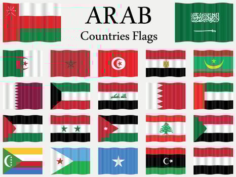Set of Arab League countries Wavy Flags, All 22 Arab Wavy Floating Flag collection. vector