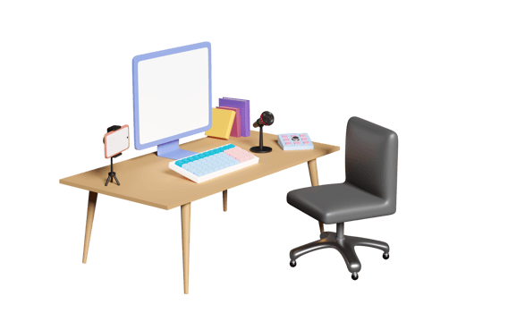 3d computer on table with blank screen, smartphone, microphone, office chair in room. online video live streaming, communication applications, notification message, 3d render illustration png