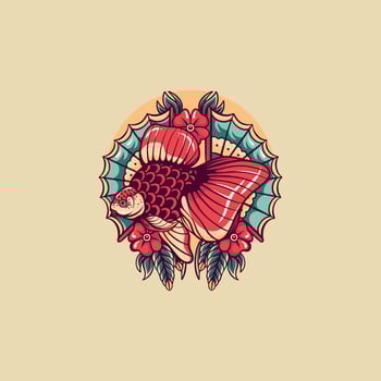 Golden Fish And Asian Fan Retro Illustration vector