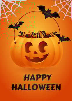Happy Halloween poster for party. Banner or invitation, orange candy bag pumpkin jack o lantern with carved smiling face. Spiderweb, gossamer and bats flying on orange background. Autumn vector. vector