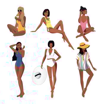 Digital illustration set of a girl in a beautiful stylish swimsuit vector