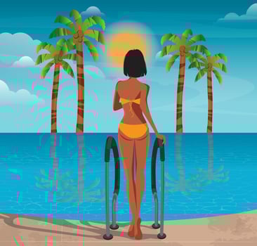 Digital illustration of a girl in the summer on vacation in the tropics in a villa surrounded by palm trees goes to swim and sunbathe in the pool vector