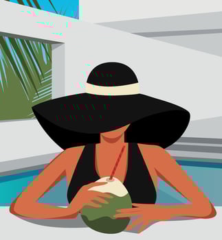 Vector illustration of a girl in a hat in the summer on vacation swims, sunbathes and drinks coconut juice cocktail by the pool