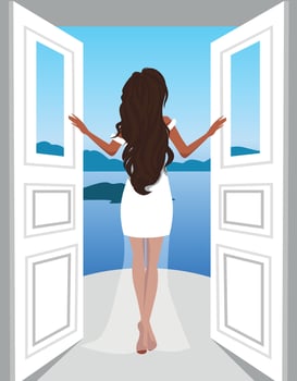 Vector illustration Girl on vacation on the balcony of the villa opens the door looks at the sea