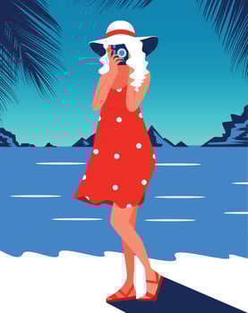 Vector illustration blue color palette girl in summer in a red dress and hat with a camera resting on vacation on the beach and photographing nature and palm trees