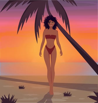Digital illustration of a beautiful girl on vacation meets the sunset under a palm tree by the ocean vector
