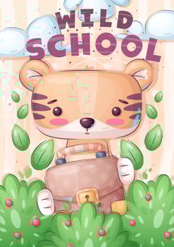 Cartoon character adorable tiger, pretty animal idea for print t-shirt, poster and kids envelope, postcard. Cute hand wild school style bear vector