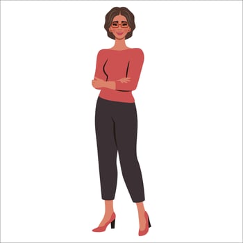 Confident Beautiful young woman. School or college teacher, office worker.   Female flat character. Education, study, business concept. Vector cartoon illustration
