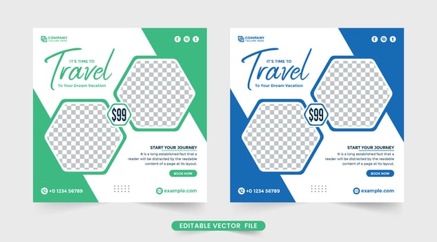 Dream vacation and tour planner agency social media post. Travel agency banner template with abstract shapes. Touring business poster design with green and blue colors. Family vacation planner design. vector