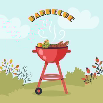 BBQ party. Barbecue background with brazier, grill, steaks, meat food, grilled vegetables at home. Vector cartoon illustration for banner, holiday card, summer picnic, flyer, advertisement, poster