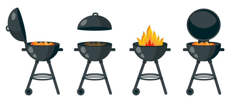 Black bbq grill isolated.  Set of different braziers with hot coals, lid, fire, charcoal. Vector cartoon illustration for barbeque card design, poster, holiday template, summer picnic