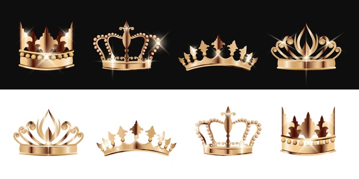 Set of gold crowns for king, queen. Collection of realistic vintage royal crowns isolated on white and black backgrounds. Royalty symbol. Vector illustration for vip card, luxury design, premium