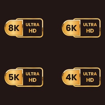 golden 8K, 6K, 5k, 4k Ultra HD video resolution button set vector