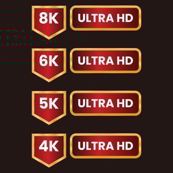 red 8K, 6K, 5k, 4k Ultra HD video resolution icon logo set with golden frame vector