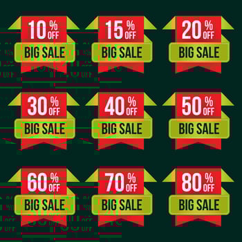 different percent discount offer banner and price tag set, up to 10,15,20,40,50,60,70,75 percent off label vector