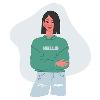Young beautiful woman. Portrait of happy, smiling, successful girl in modern clothes with crossed arms. Teenager girl. Female character isolated. Vector cartoon flat Illustration for avatar, poster