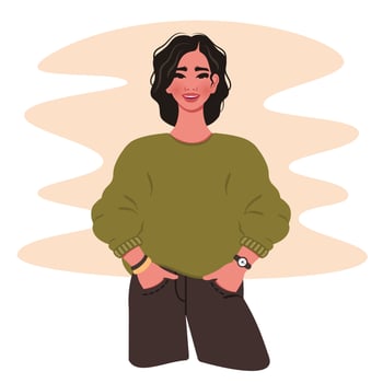 Portrait of happy, smiling, successful girl in modern clothes. Young beautiful woman. Teenager girl. Female character isolated. Vector cartoon flat Illustration for avatar, poster