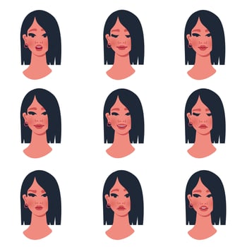 Beautiful girl with different emotions. Female portrait with happy, sad, angry, surprised face. Set of female characters with different moods.  Avatar template. Vector cartoon illustration