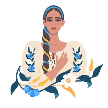 Beautiful Ukrainian girl in national clothes. Sad Woman holding hand over heart as sign of unity, support, pray for Ukraine. The colors of the Ukrainian flag. No war. Vector flat illustration