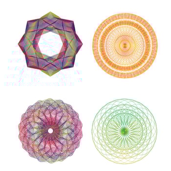 Spirograph graphic flowers, colorful different geometric circular patterns. Isolated vector illustration on white background.