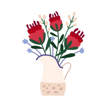 Beautiful bouquet with garden and wild flowers vector flat illustration.