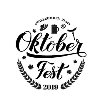 Oktoberfest calligraphy hand lettering with barley branch, hat, pretzel, and mug. Traditional Bavarian beer festival. Easy to edit vector template for your logo design, poster, banner, flyer,  etc.