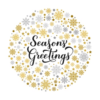 Seasons Greetings calligraphy hand lettering with gold and silver snowflakes, stars and dots. Christmas and New Year typography poster. Vector template for greeting card, banner, flyer, sticker, etc.