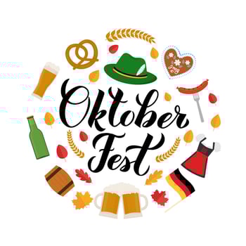 Oktoberfest calligraphy hand lettering with traditional symbols in flat style. Bavarian beer festival. Easy to edit vector template for your logo design, poster, banner, flyer, t-shirt, mug, etc.