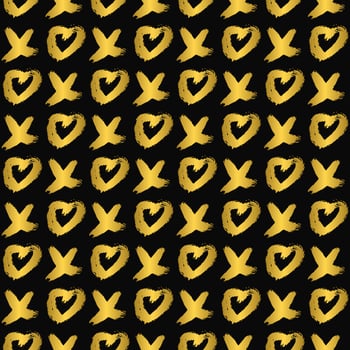 Seamless pattern gold XOXO with hearts on black background. Hugs and kisses abbreviation symbol. Grunge hand written brush lettering XO. Easy to edit vector template for Valentines day.