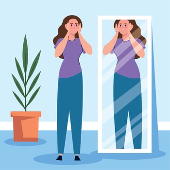 sad woman looking fat in mirror vector