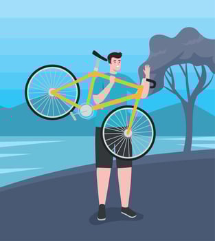 male cyclist lifting bicycle vector