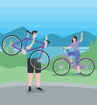 cyclists couple in landscape vector