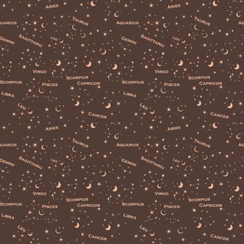 Seamless pattern with illustration zodiac constellations on a dark background with stars, astrology astronomy spiritual vector design elements. Vector