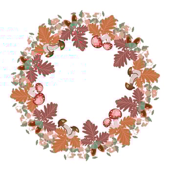 Thanksgiving decorative wreath with oak leaves, acorns, eucalyptus branches and mushrooms vector