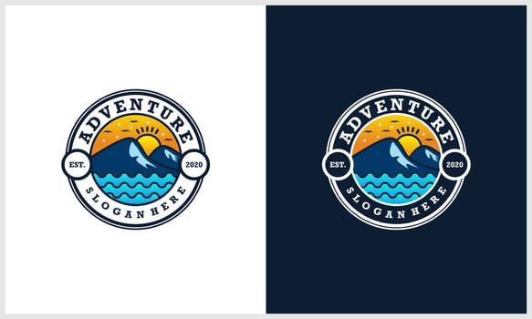 Mountain adventure with sun concept logo design template vector