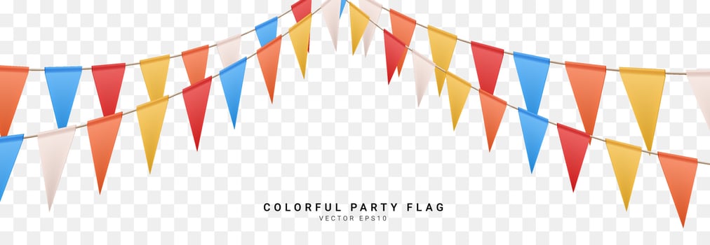 Orange, yellow, red, white, blue, Colorful flag party decoration element on transparent background, 3D Vector illustration