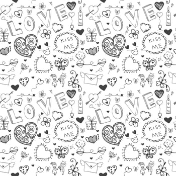 Black line drawing doodle of love concept pattern vector